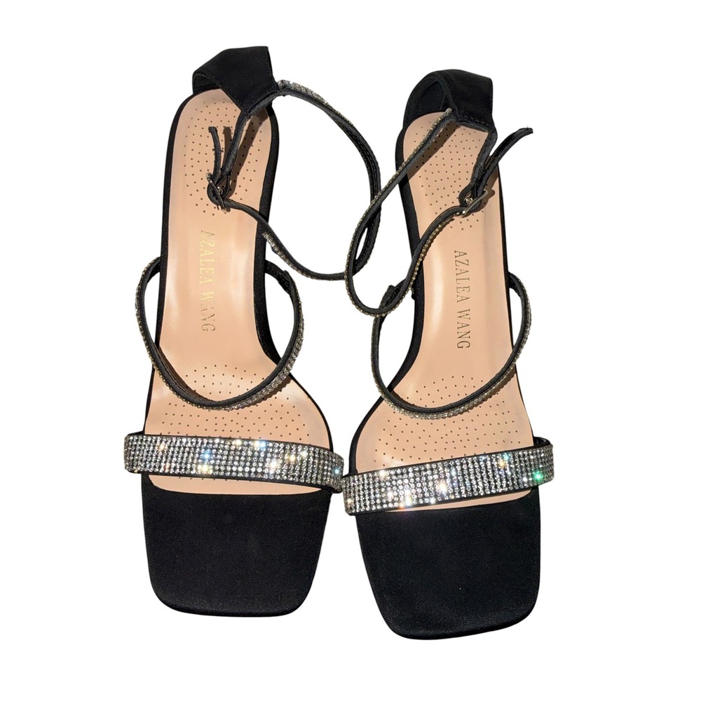 Azalea Wang Black Rhinestone Strappy Stiletto Heels Square Toe Sandals 10 - Picture 3 of 12